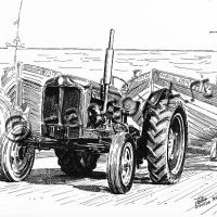 Fordson Major Tractor With Crab Boats (Pen & Ink)