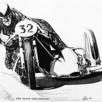Eric Oliver, World Sidecar Champion, riding a Norton / Watsonian sidecar outfit.
