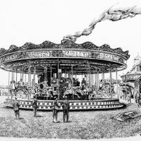 Savages of Kings Lynn, galloping horses fairground ride with steam centre engine in the colours of 'Ashleys Amusement Caterers'